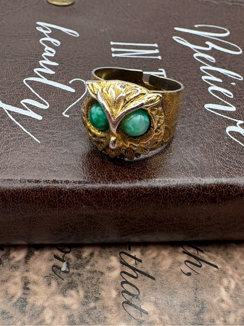 Vintage Owl Ring Adjustable Green Eyes Boho Cottagecore